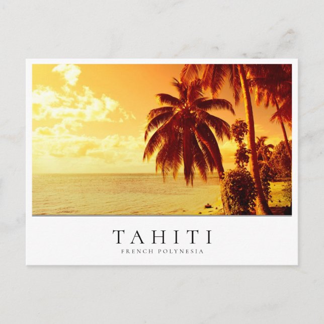 Palmenbaum Sonnenuntergang in Tahiti, Französisch- Postkarte (Vorderseite)