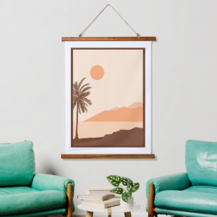 Palmenbaum-Sonnenuntergang, Insel, Boho-Abstrakte Wandteppich Mit Holzrahmen