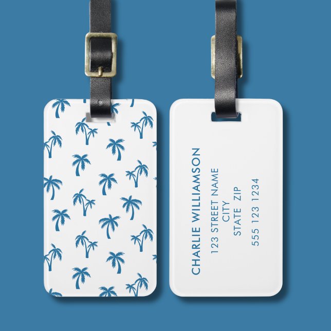 Palmenbaum Tropisches Muster blau weiß Gepäckanhänger (Blue palm tree luggage tag)