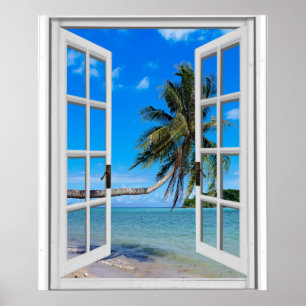 Palmenbaum und Ozean künstlicher Fensterblick Poster