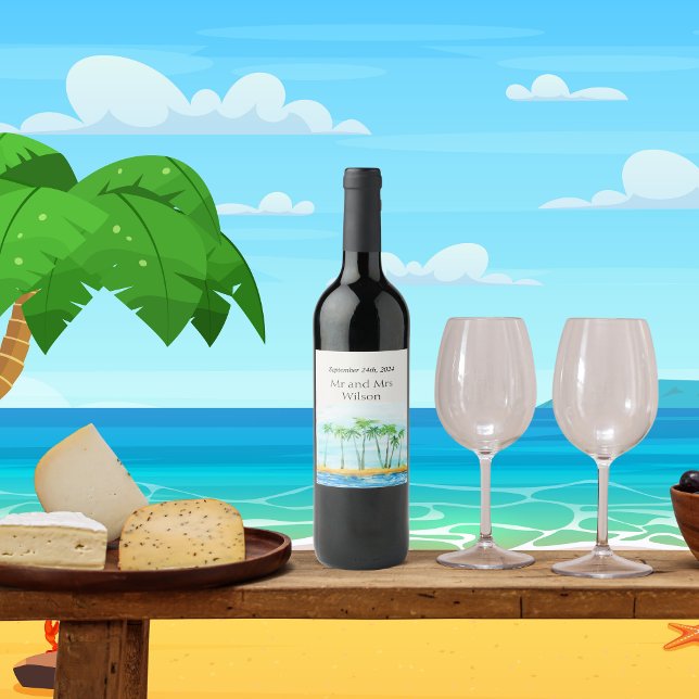 Palmenbaum und Strand Hochzeiten Wein Labels Weinetikett (Von Creator hochgeladen)