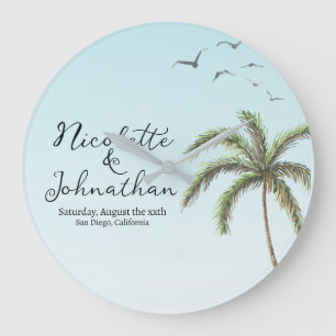 Palmenbaum und Vögel Einfache Strandhochzeit Große Wanduhr