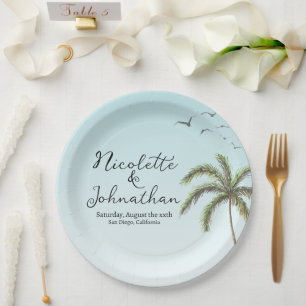 Palmenbaum und Vögel Einfache Strandhochzeit Pappteller