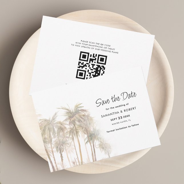 Palmenbäume und QR-Code Hochzeiten Save The Date (Palm Trees QR Code Wedding Save the Date Announcement Horizontal Card)