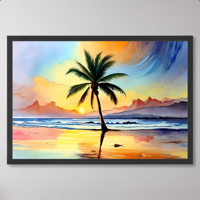 Palmenbaummalerei am Strand bei Sonnenuntergang Poster (Palm Tree Painting Gracing the Beach at Sunset)