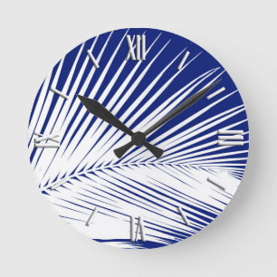 Palmenblatt - blau und weiß runde wanduhr