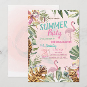 Palmenblatt, Blumen, Flamingos Geburtstagsfeier Einladung