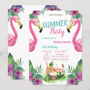 Palmenblatt, Früchte, Rosa Flamingos Geburtstagsfe Einladung