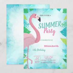 Palmenblatt, Rosa Flamingo, Sommer Geburtstagsfeie Einladung