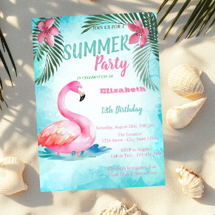 Palmenblatt, Rosa Flamingos Geburtstag Einladung