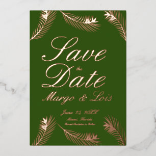Palmenblatt Save the Date Grün Gold geprägt  Folieneinladung