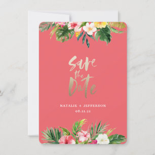 Palmenblatt und Goldschrift mit Blütenblättern Save The Date