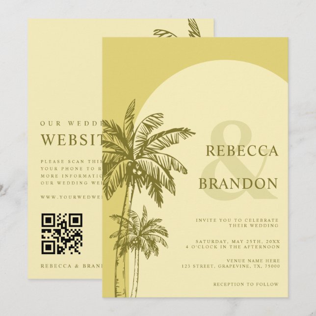 Palmenstrand Boho-Strand Gelb QR-Code Hochzeit Einladung (Vorne/Hinten)