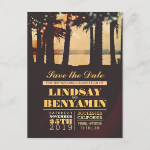 Palmenstrand mit String-Lichtern Save the Date Pos Ankündigungspostkarte