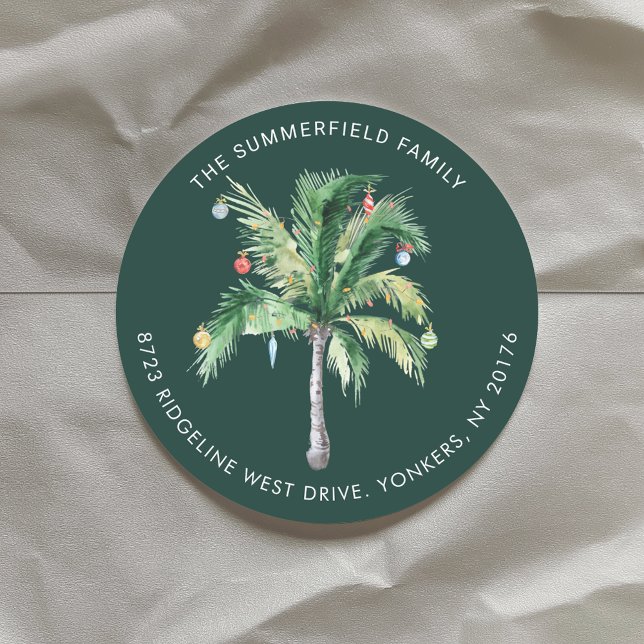 Palmenstrand-Weihnachten-Rücksendeadresse Runder Aufkleber (Palm Tree Coastal Christmas Return Address Classic Round Sticker)