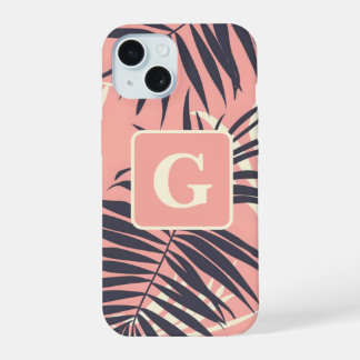 palmfarbene Blätter hellrosa personalisierte Monog iPhone 15 Hülle