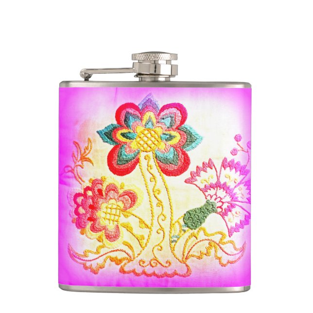 Palmflasche im Stile eines rosa Hippie Flachmann (Vorderseite)