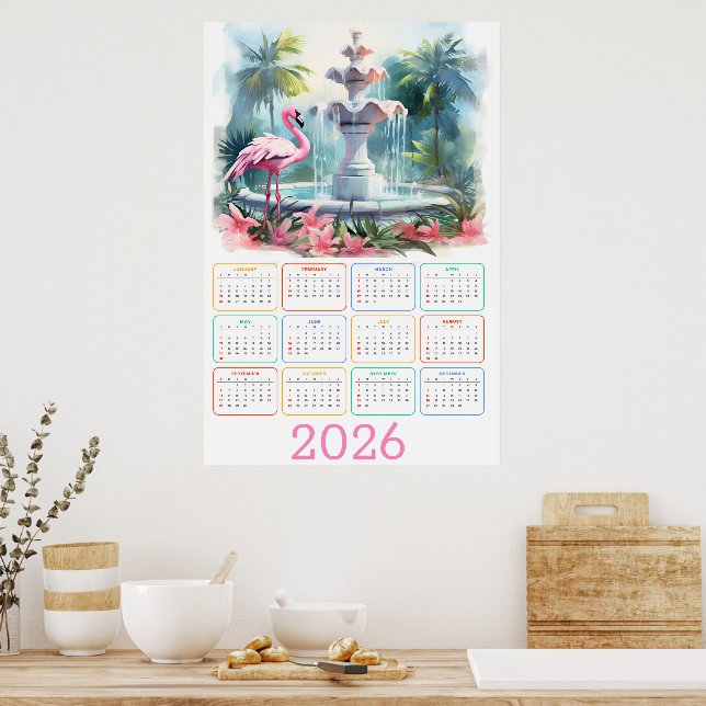 Palmgarten Serenity: 2026 Flamingo-Kalender Poster (Küche)
