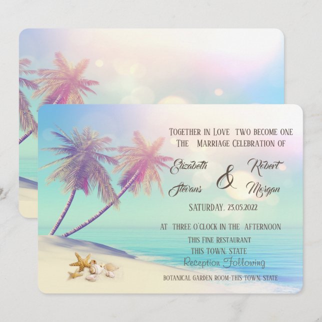 Palms Beach Seashells Hochzeit Einladung (Vorne/Hinten)