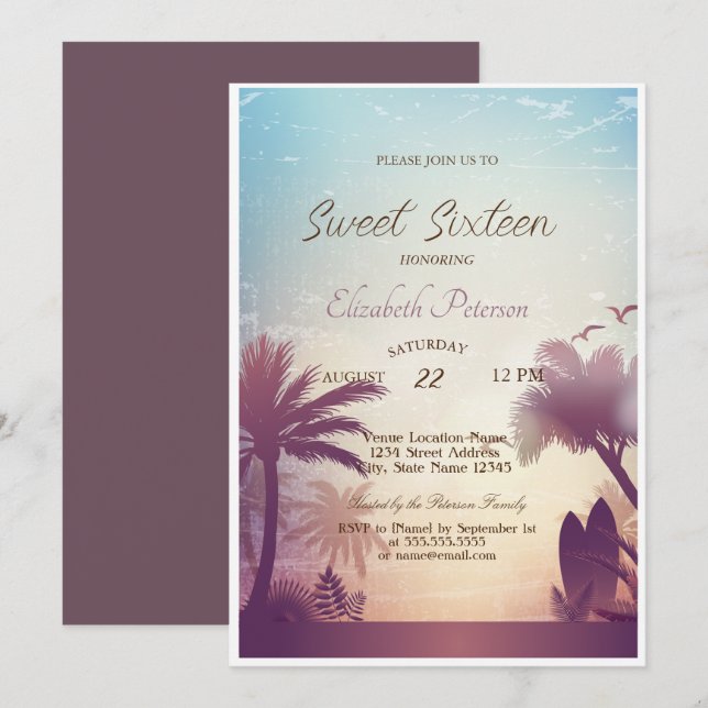 Palms Beach Surfboard Sweet 16 Party Einladung (Vorne/Hinten)