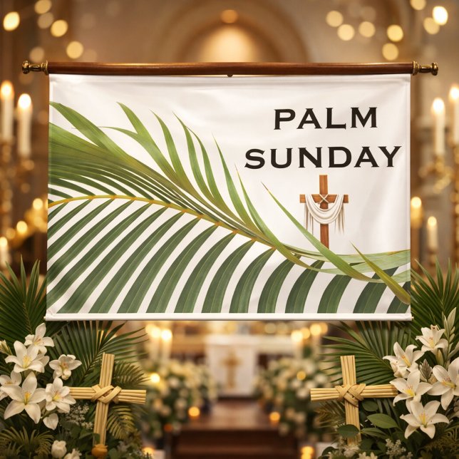 Palmsonntagskreuz mit grüner Palmwedel  Banner (Von Creator hochgeladen)