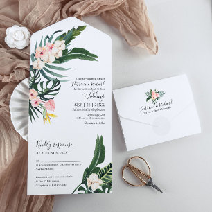 Palmwedel Hibiskus Tropisch Elegante Hochzeit All In One Einladung