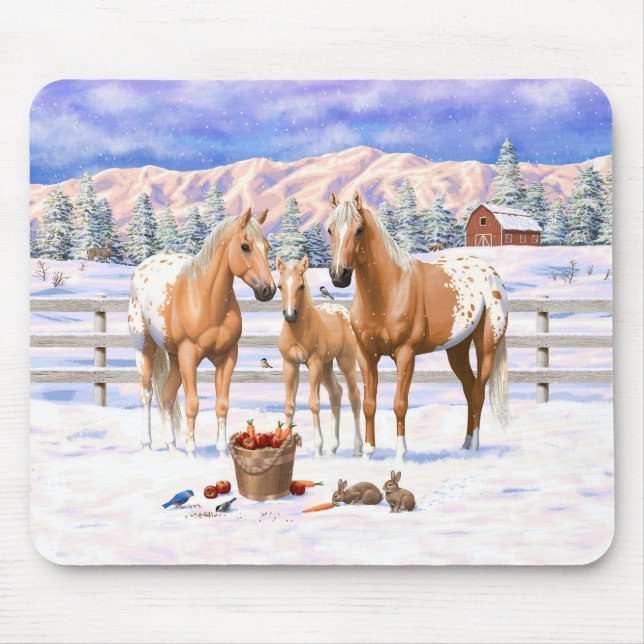 Palomino Appaloosa Pferde im Schnee Mousepad (Vorne)
