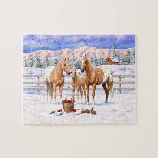 Palomino Appaloosa Pferde im Schnee Puzzle (Horizontal)