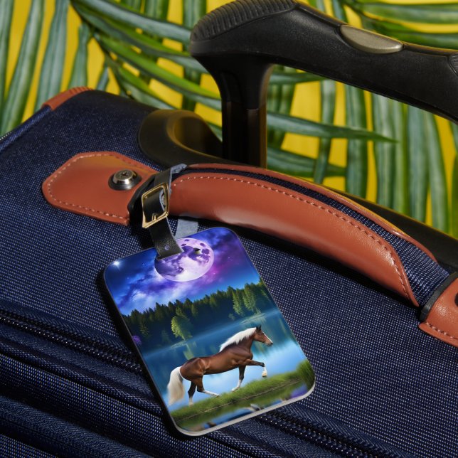 Palomino Belgisches Pferd unter einem Lila Sternen Gepäckanhänger (Vorderseite Insitu 1)