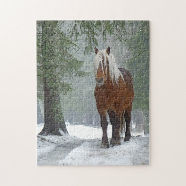 Palomino Pferd im Winter Schnee im Wald Puzzle (Vertikal)