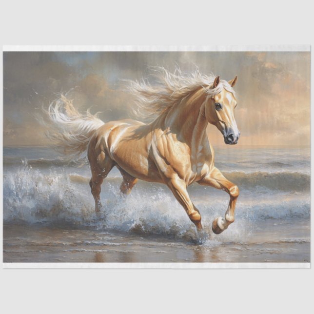 Palomino Pferd läuft auf der Beach Decoupage Seidenpapier (Vorderseite)
