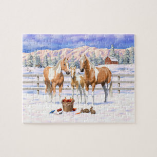 Palomino Pinto Paint Quarter Pferde im Schnee Puzzle