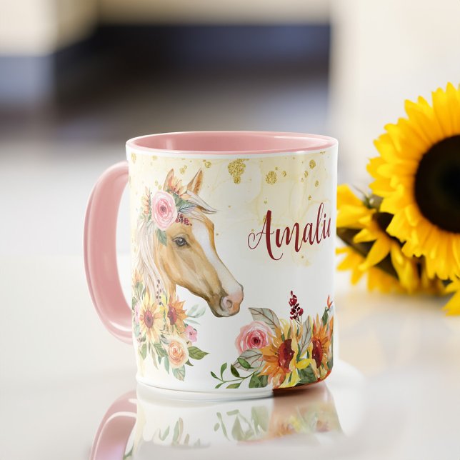 Palomino Rossblumen personalisierter Name Tasse (Palomino Horse sunflowers personalized name mug horse girl gifts )