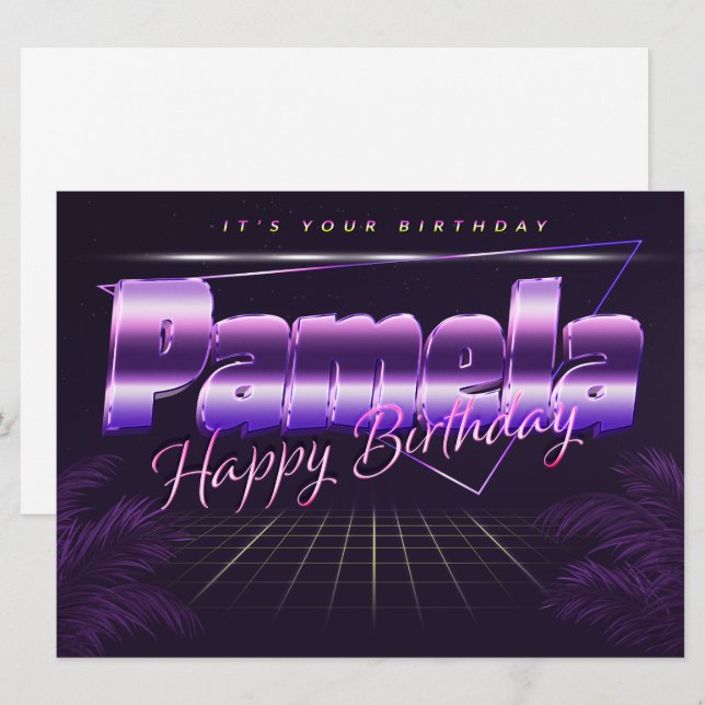 Pamela Name Vorname lila retro Karte Geburtstag (Vorne/Hinten)