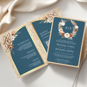 Pampas Beige Erdige Florale Staubblaue Hochzeit Einladung