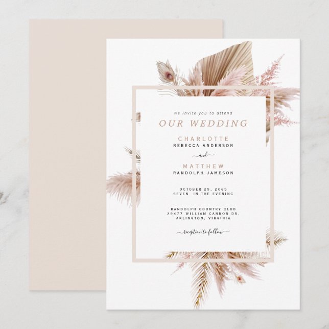Pampas Beige keine Eltern Hochzeitseinladung Einladung (Vorne/Hinten)