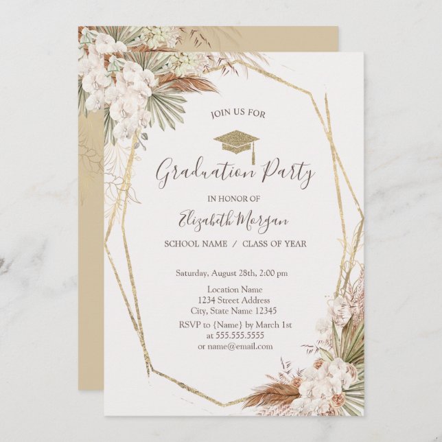 Pampas Blume, Grad Cap, Abschluss Einladung (Vorne/Hinten)