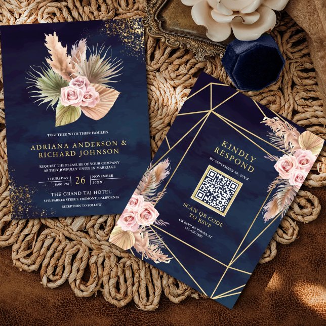 Pampas Dusty Pink Roses Navy Blue QR Code Hochzeit Einladung (Von Creator hochgeladen)