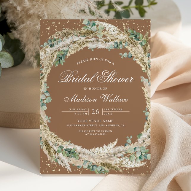 Pampas Eucalyptus Wreath Beige Tan Bridal Shower Einladung (Von Creator hochgeladen)