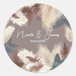 Pampas Gras & Blätter Erdig Bohemian Hochzeit Runder Aufkleber