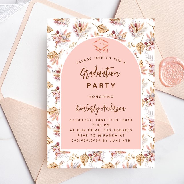 Pampas Gras Blume Rose Gold Graduierungsparty Einladungspostkarte (Von Creator hochgeladen)