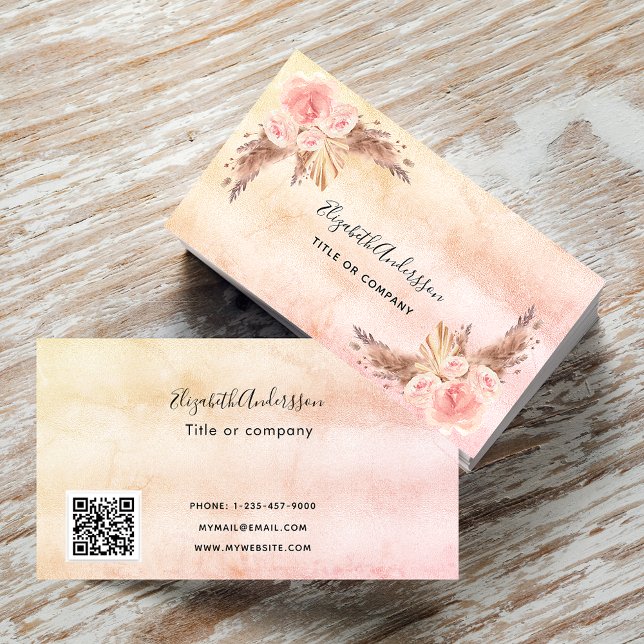 Pampas Gras Blush Pink Flora Skript QR Code Visitenkarte (Von Creator hochgeladen)