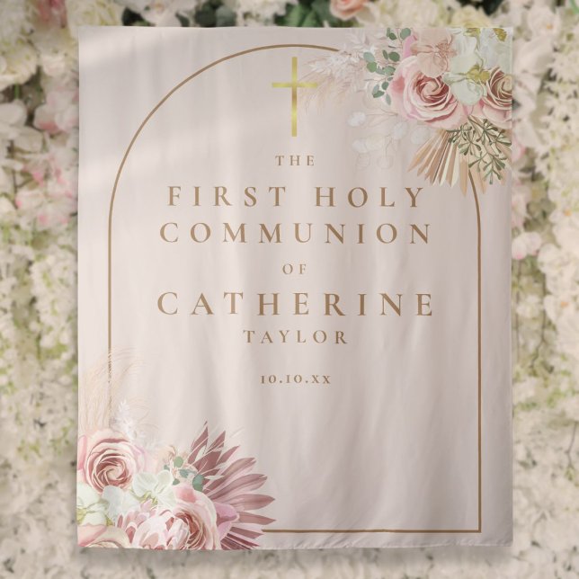 Pampas Gras Erste Kommune Foto Hintergrund Wandteppich (Pampas Grass First Communion Photo Backdrop)