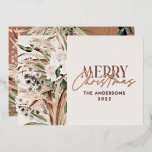 Pampas gras eucalyptus moody modern boho elegant folien feiertagskarte<br><div class="desc">Pampas Gras Eukalyptus moody modernen boho elegante moderne Typografie Terrakotta,  schwarz,  natürlich und schlaue grüne Weihnachtskarte.</div>