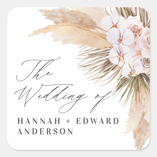 Pampas Gras getrocknete botanische Drehbuch Hochze Quadratischer Aufkleber (Vorderseite)