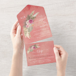 Pampas-Gras-Palme Blätter Korallenrosa Hochzeit All In One Einladung