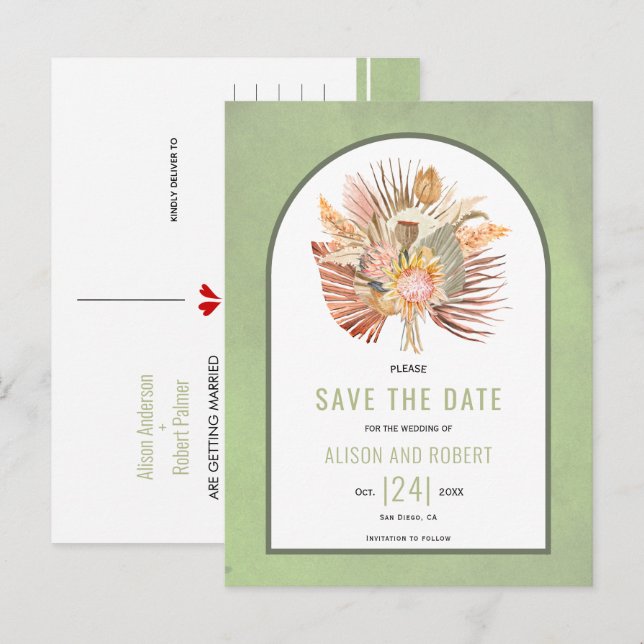 Pampas Gras, Palmen Blätter Salbei Save the Date Postkarte (Vorne/Hinten)