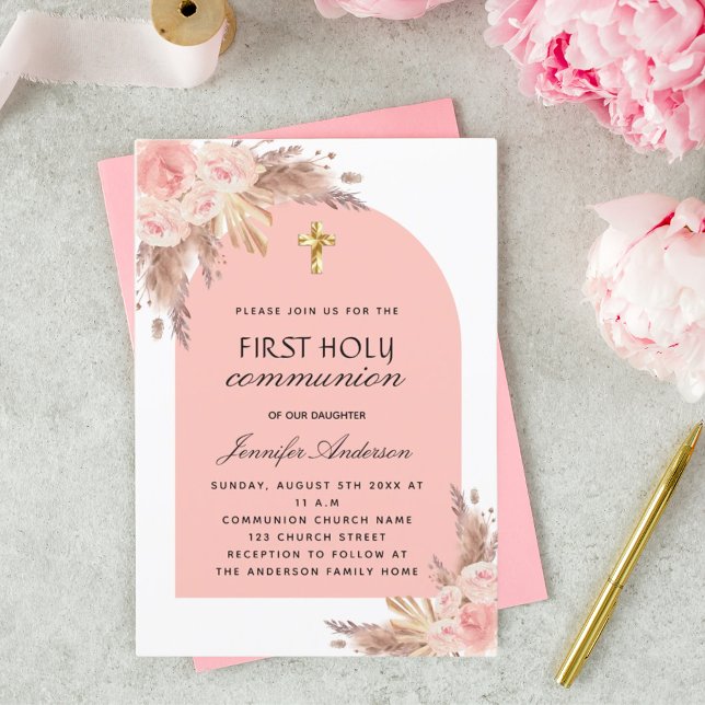 Pampas Gras Rose Gold Kreuz erste heilige Gemeinde Einladung (Von Creator hochgeladen)
