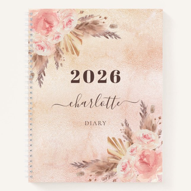 Pampas-Gras-Rose Goldfloralen Name 2023 Notizbuch (Vorderseite)