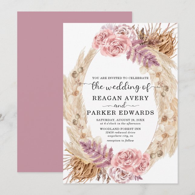 Pampas-Gras-Rose und Lila Blumenhochzeit Einladung (Vorne/Hinten)